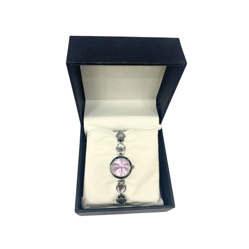 Sliver Wrist Watch Ladies With Purple Dial & Crystal work