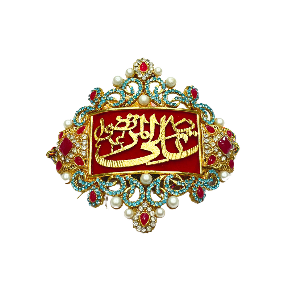 Red Metal Gold Imam Zamin for Groom with Blue Zircons & Pearls