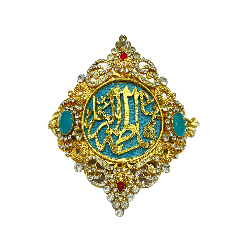 Light Blue Metal Gold Imam Zamin for Bride with Zircons & Ferozah Stones