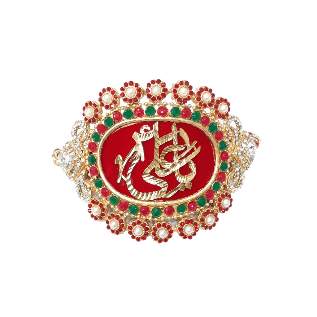 Red Imam Zamin in Metal Gold for Groom with Red & Green Stone Work