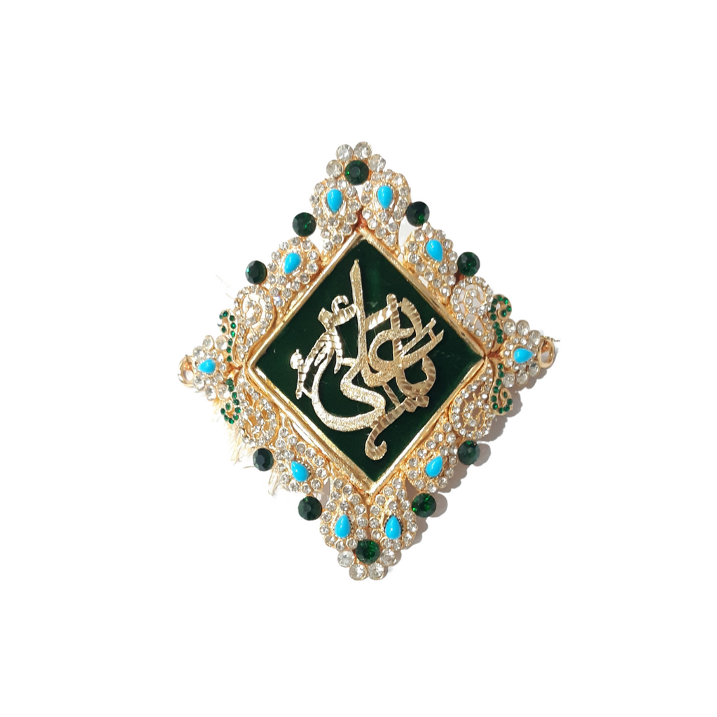 Green Imam Zamin in Metal Gold for Groom with Zircons & Feroza Stones Work